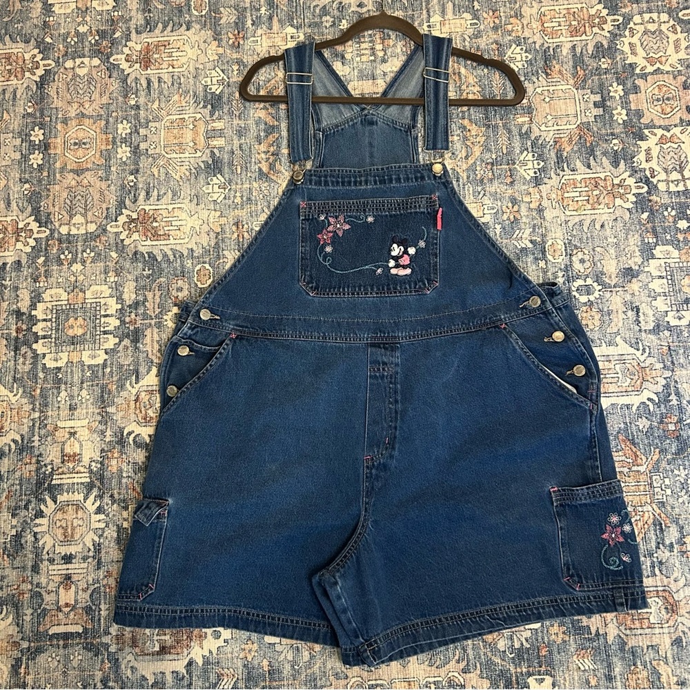 vintage Y2K Disney Mickey Mouse denim overall shorts.